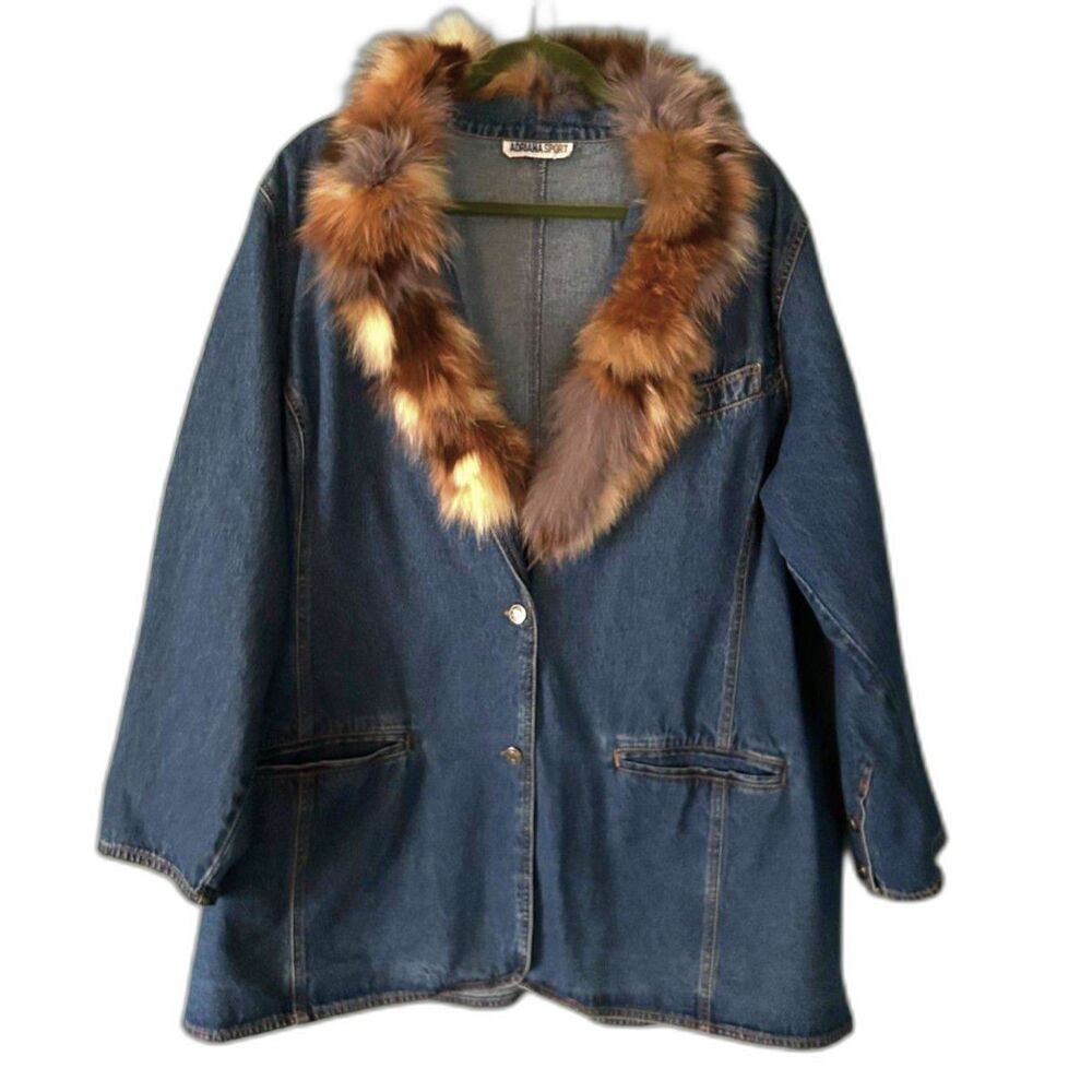 Adriana Sport women's 2 button jean jacket with fur collar 2 front pockets 1x